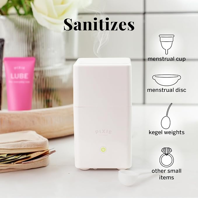 Pixie Menstrual Cup Steam Cleaner - Wash Your Cup + Kill 99.9% of Germs with Cleanser Steam for Feminine Care - 3 Minutes and Your Period Cup is Sterile! Automatic Shut Off - FSA Eligible (White)