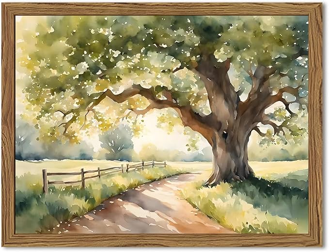 Framed Vintage Tree Landscape Wall Art, Watercolor Country Road Nature Wall Decor Paintings, Rustic Countryside Pictures Canvas Prints Aesthetic Home Decor for Living Room Bedroom Bathroom 12x16 inch