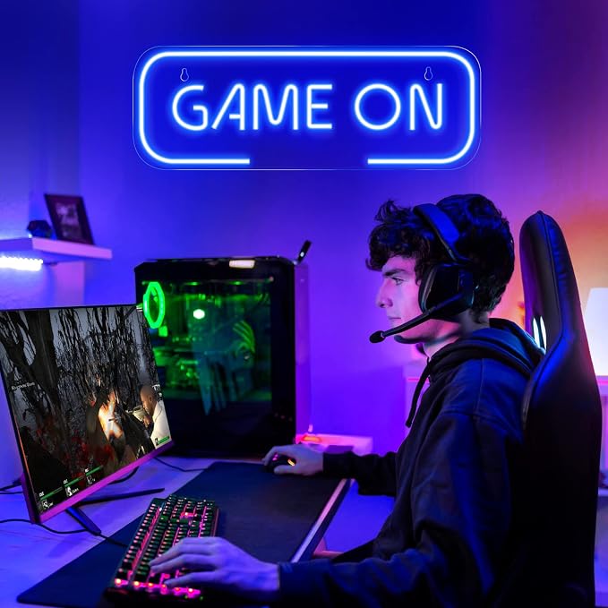 Kavaas Gaming Neon Sign, Game On Neon Sign for Game Room Decor - LED Game Neon Sign for Teen Boy Room Decor, Gamer Wall Decor - Best Gamer Gifts for Boys, Kids (Blue)