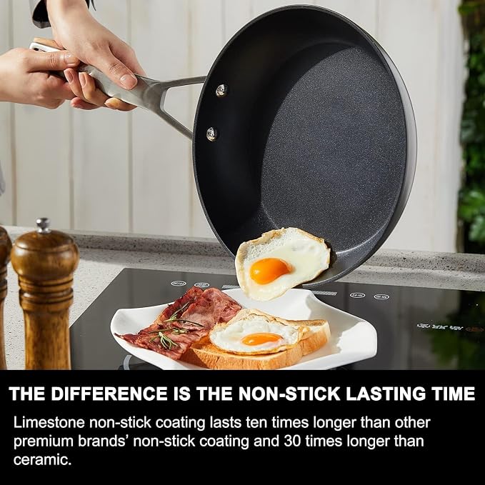 MsMk 9.5 Inch Nonstick Frying pan with Lid, Grey Cooking Pan Skillet | Non Toxic, Even Heating, Easy Clean, Dishwasher & Oven Safe, suitable for gas & electric & induction stoves, PFOA & PFAS Free