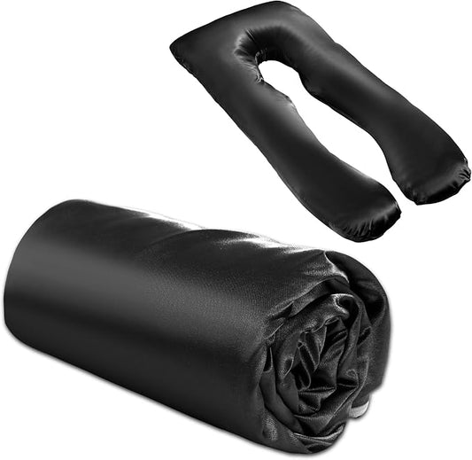 BALAPET Silky Satin Pregnancy Pillow Cover (ONLY Pillowcase), U Shaped Luxurious Smooth Maternity Pillow Cover, Soft & Breathable Large Pillow Protector with Hidden Zip for Side Sleeper, Black