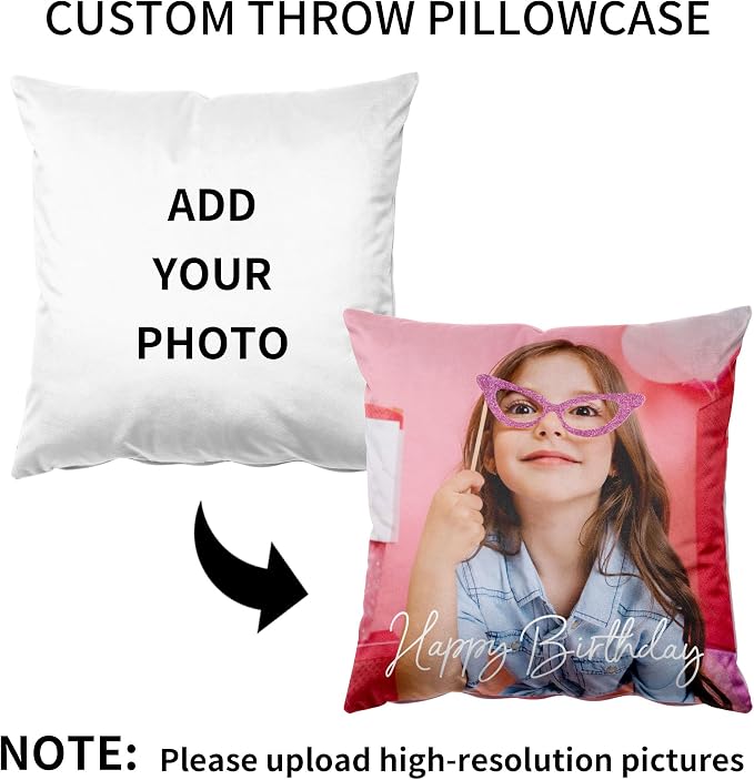 Easycosy Custom Velvet Pillow Cover, 24"x24", Personalized Photo & Text, Two-Sides, Multicolor, Modern, Love, Holiday, Home Office, Living Room, Customizable, Machine Wash