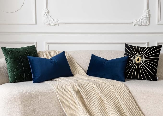 Navy Blue 12x20 Lumbar Throw Pillow Covers Set of 2 for Couch Bed Sofa | Decorative Soft Velvet Cushion Covers with Invisible Zipper for Living Room Bedroom Home Decor