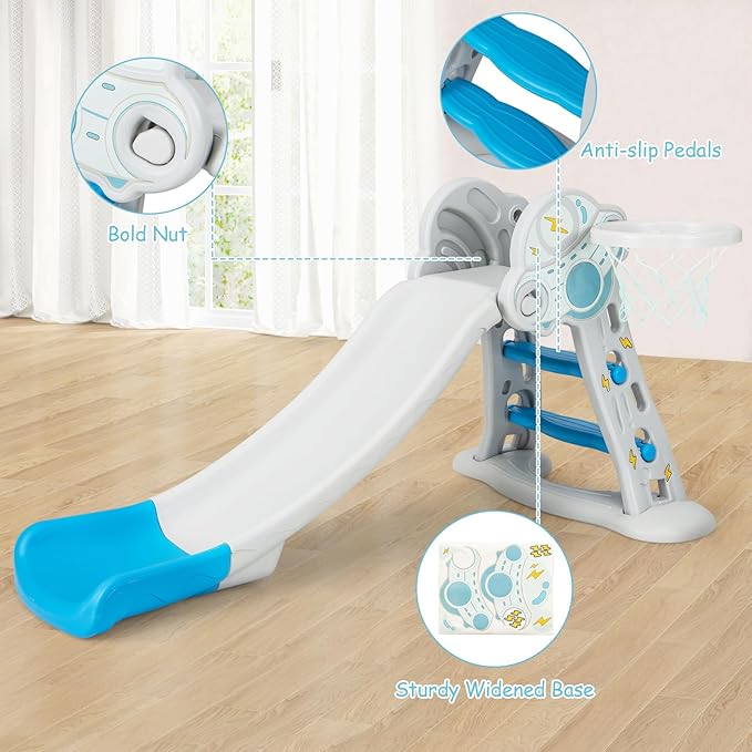 INFANS Toddler Slide, 3 in 1 Foldable Kids Slide Indoor Slideway with Basketball Hoop, Outdoor Climber Freestanding Playset, Extra Long Slipping Slope Sturdy Plastic Playground Toy
