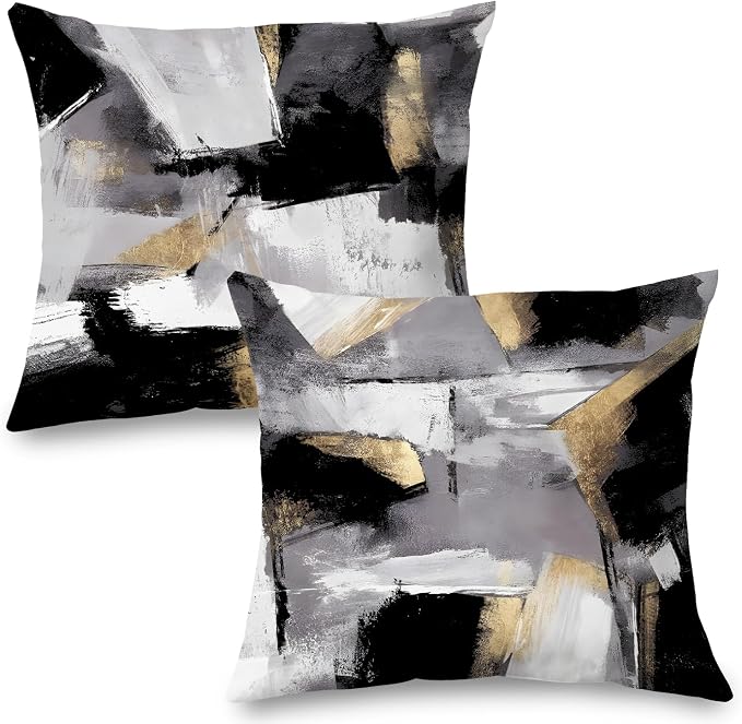 Black and White Pillow Covers, Abstract White Black and Gold Pillow Covers 18x18 Set of 2, Modern Black and White Pillow Covers for Couch Bed Living Room