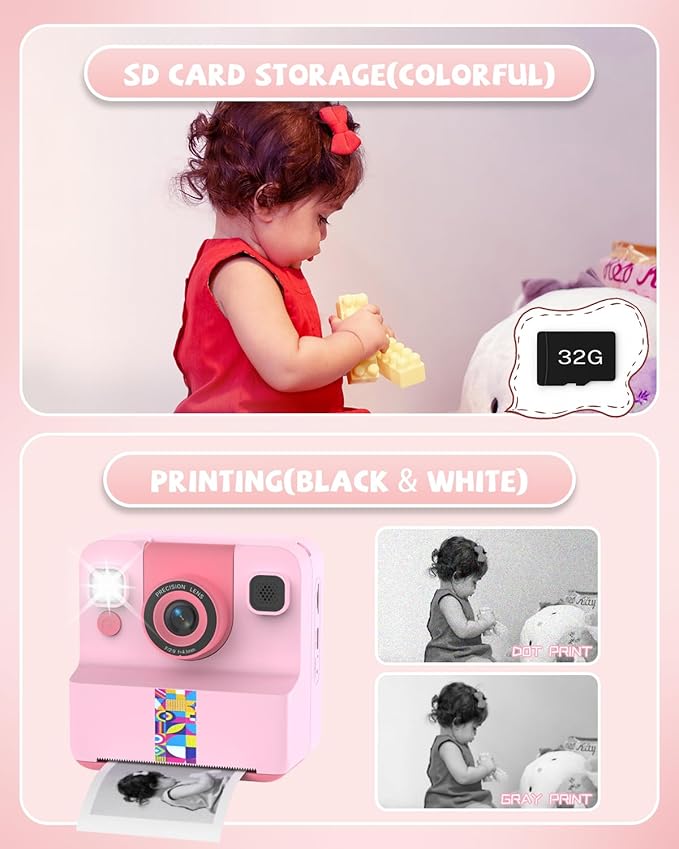 Kids Camera Instant Print, Digital Camera for Kids, 180° Rotating Selfie Lens with 32GB SD Card & 2 Rolls Printing Paper Kids Toy Birthday Gifts for Boys Girls Ages 3-12, Pink