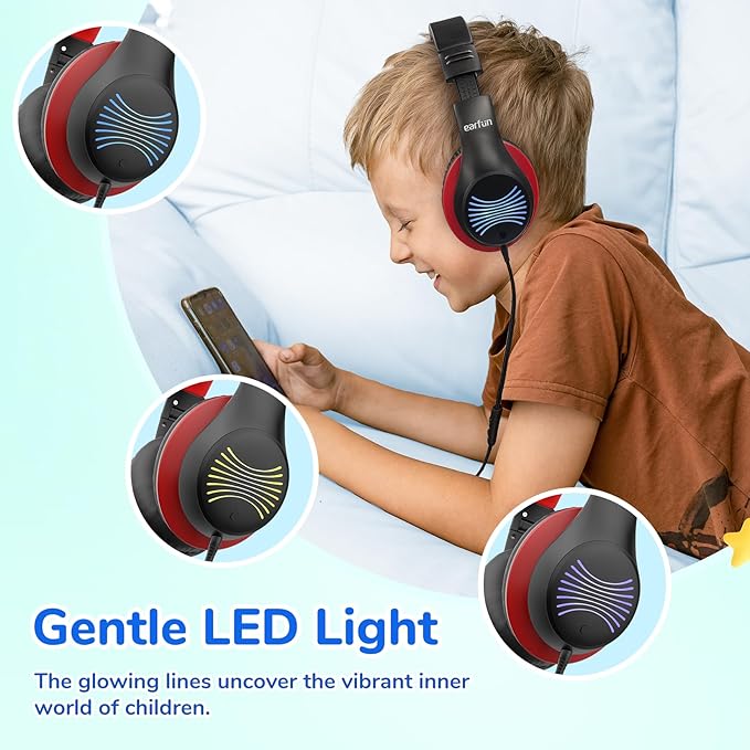 EarFun K3 Kids Headphones, USB Type C Over Ear Headphones with Microphones, 85/94dB Volume Limit, HD Stereo Sound with LED Light, Foldable Wired Headphones for School/Boys/Girls/Tablet, Black