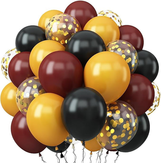 Black Burgundy Gold Balloons, 60Pcs Maroon Black Metallic Gold Confetti Balloon, 12Inch Pearl Burgundy Yellow Latex Balloons for Kids Cartoon Birthday Baby Shower Graduation Party Decorations