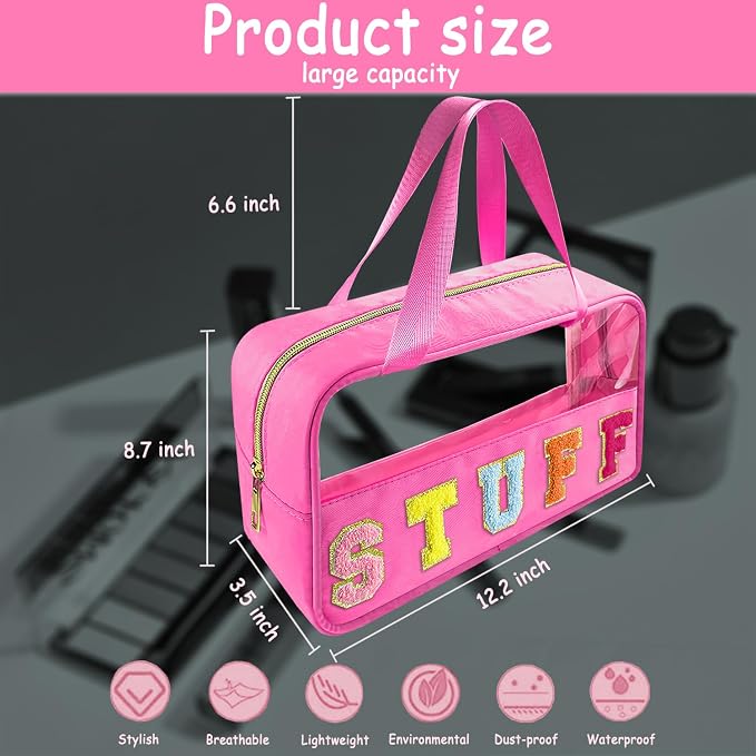 Bunliuys Chenille Letter Clear Makeup Bag Stuff Patch, Travel Toiletry Makeup Bag with Handle, Nylon Waterproof Makeup Bags clear cosmetic bag, preppy patch makeup bag for Women (STUFF-Hot Pink)