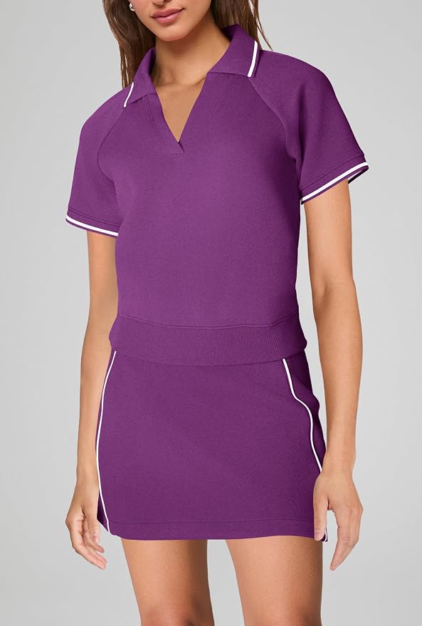 Womens Workout Sets 2 Piece Outfits V Neck Short Sleeve Polo Shirt and Tennis Skort Set with Pockets