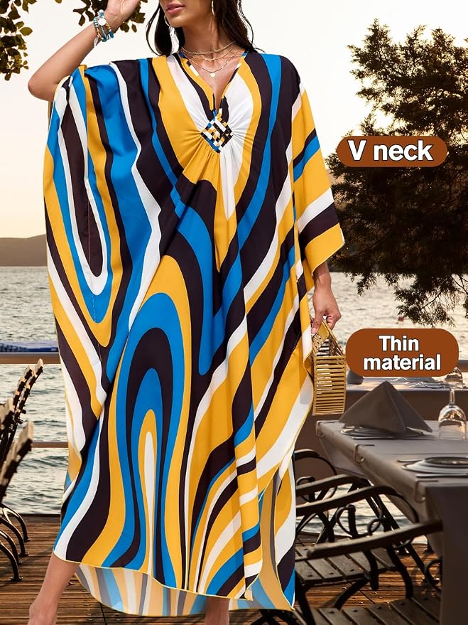 ChiaoLezhee Print Moo-Moos for Women, Kaftan Cover-Up Dresses, Sexy V-Neck High-Slit, Beach Pool-Party Coverups Muumuu Plus