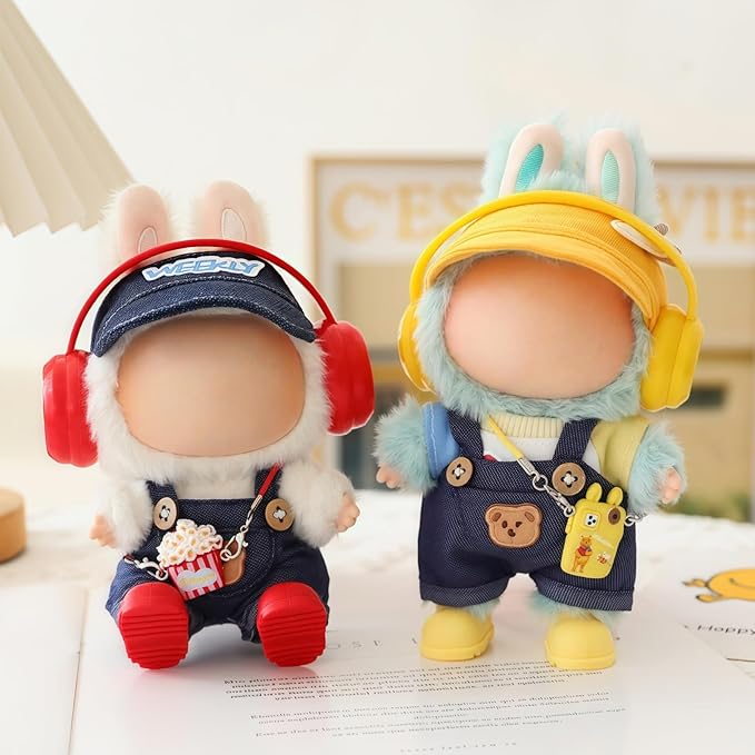 Clothes for Dolls Accessories, Stylish Kawaii Overalls Outfit Headphones Set 5 Pieces Suitable for 15cm 17cm Doll , Doll Hat Headset Boots Clothing Set Replacement