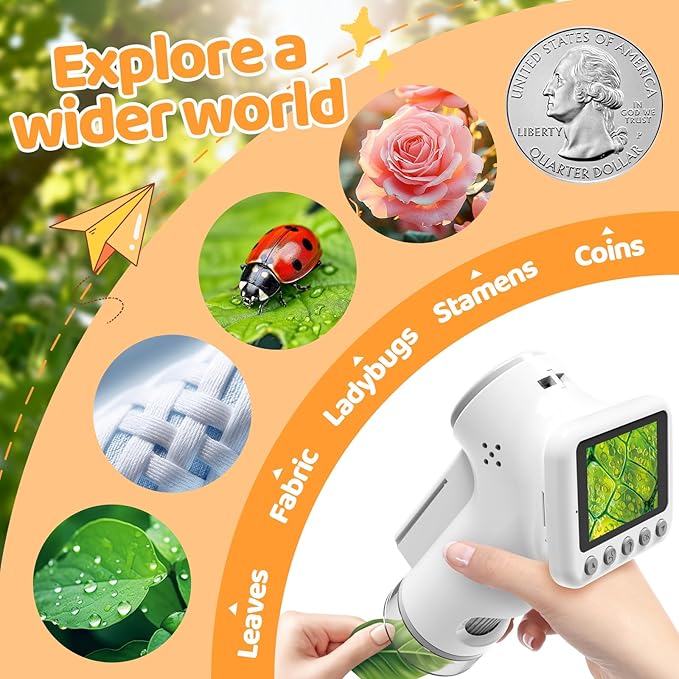 1600X Microscope for Kids, 4K 2.0" Screen Kids Microscopes with Slides Kit Microscope for Toddlers Christmas Birthday Gifts Toys for 3-14 Year Old Children Students (White)