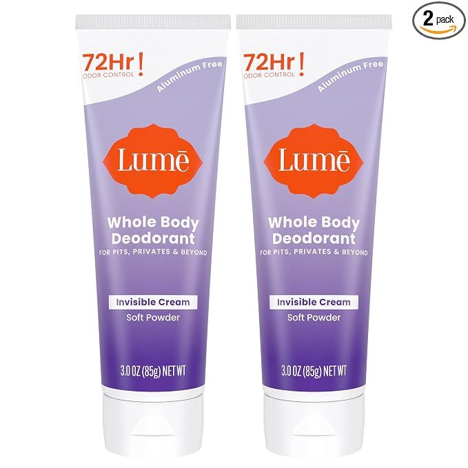 Lume Whole Body Deodorant - Invisible Cream Tube - 72 Hour Odor Control - Aluminum Free, Baking Soda Free, Skin Safe - 3.0 ounce (Pack of 2) (Soft Powder)
