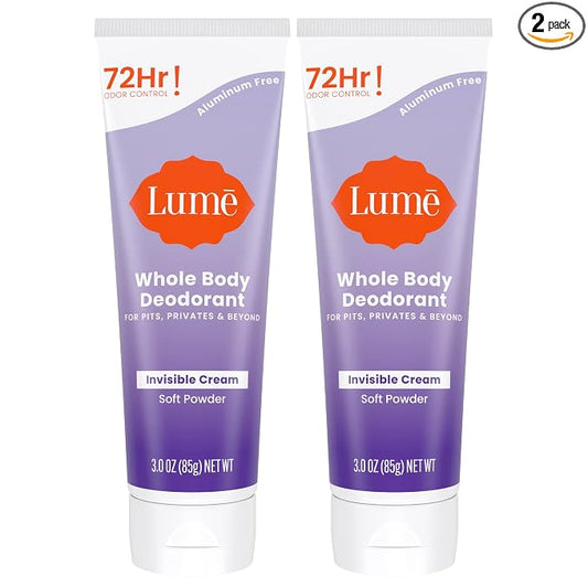 Lume Whole Body Deodorant - Invisible Cream Tube - 72 Hour Odor Control - Aluminum Free, Baking Soda Free, Skin Safe - 3.0 ounce (Pack of 2) (Soft Powder)