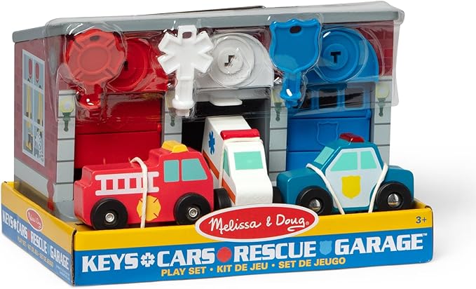 Melissa & Doug Toy Keys and Cars Wooden Rescue Vehicles and Garage (7 pcs) Toddler Pull Back Toys, Toy Garage for Kids Ages 3+
