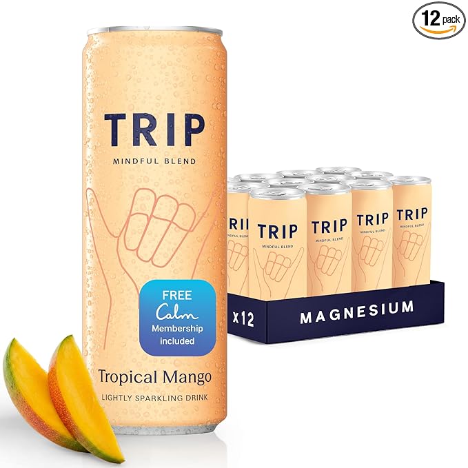TRIP Lightly Sparkling Adaptogen Drink, Non Alcoholic Drink with Magnesium, Ashwagandha, Lions Mane & L Theanine, No Added Sugar Mocktail, Vegan, Tropical Mango, 12 Oz, 12Pk