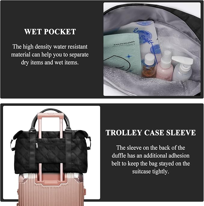 Travel Duffel Bag, Carry On Overnight Weekender Bags for Women | Travel Bag with Wet Pocket & Trolley Sleeve, For Spirit Airlines 18x14x8 Personal Item Bag