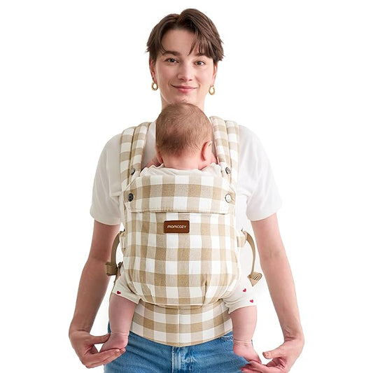 Momcozy Baby Carrier - Ergonomic, Cozy and Lightweight Carrier for 7-45lbs, Effortless to Put On, Ideal for Hands-Free Parenting, Enhanced Lumbar Support, Brown Checkerboard