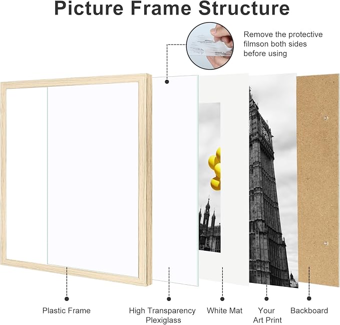 8x8 Picture Frame Set of 9, Display Pictures 4x4 with Mat or 8x8 without Mat, Multi Collage Gallery Square Photo Frames for Wall or Tabletop, Natural Wood