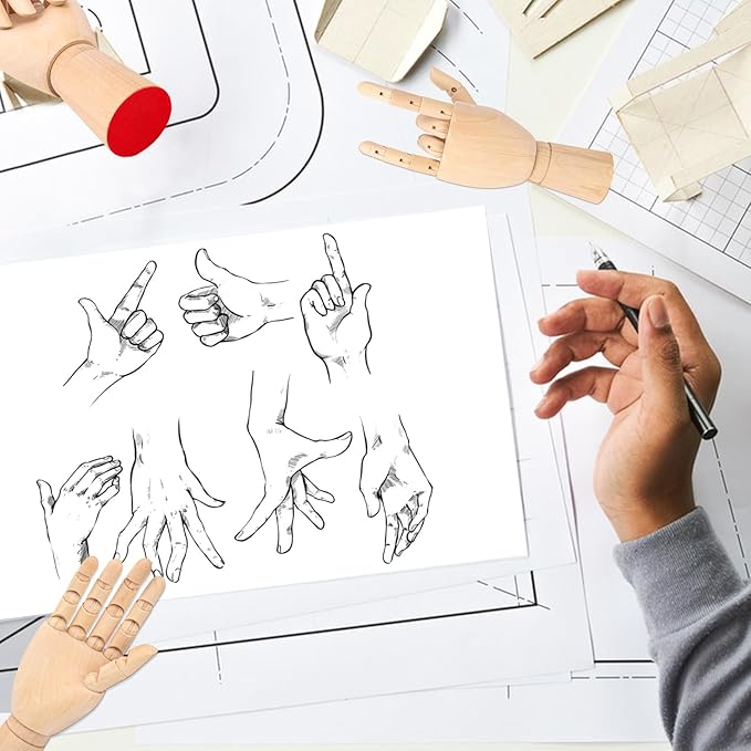 IHDYPPEW 4 Pack 7 Inch Wooden Hand Model, Flexible Left and Right Wood Art Mannequin Wooden Artist Hand Model, Wooden Manikin Hand for Sketching, Painting, Sample Display and Home Decor
