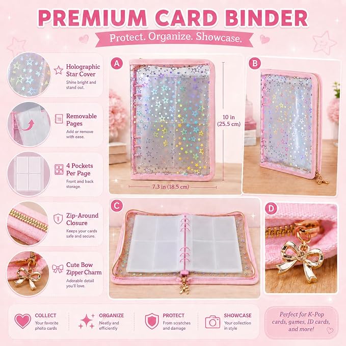 4 Pocket Card Binder for Girls with 20 Stickers, A5 Kpop Photocard Binder, Trading Card Binder for 400 Cards, Card Collection Binder, Sticker Organizer (Pink)