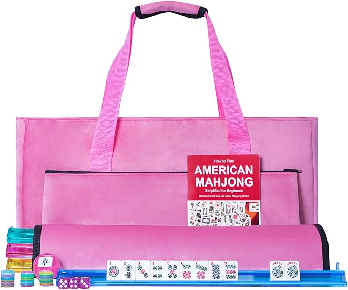 American Mahjong Game Set, 166 White Tiles, 4 All-in-One Color Rack/Pushers, Complete Mahjong Tiles Set with Pink Carrying Bag (Mahjong)