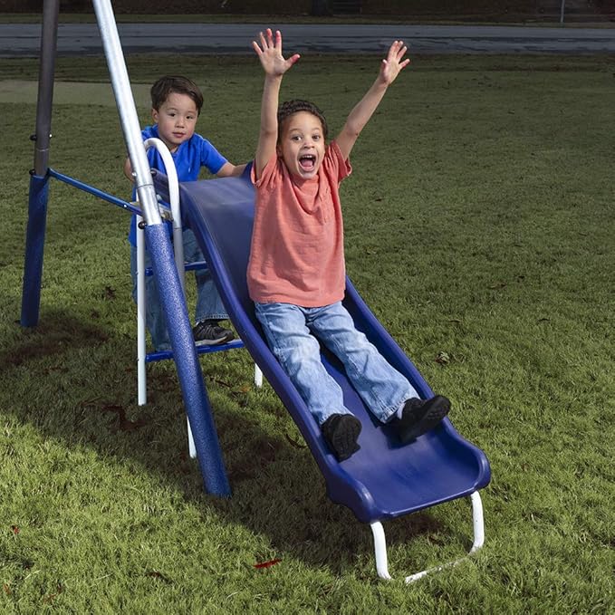 Swingin' More Fun - 5 User / 4 Station Swing Set with 5' Wave Slide, Outdoor for Kids. Easy Assembly Metal Frame Backyard Playground Set. 148" L x 93" Deep x 73" H, by XDP Recreation a USA Company