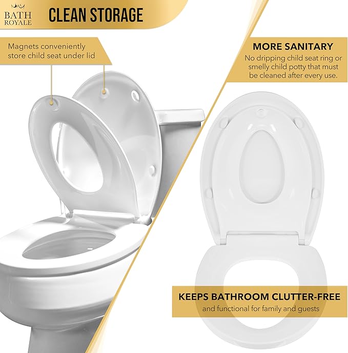 BATH ROYALE Potty Training Seat - Soft Close, Kingsport BR721-00, Elongated White, Adult & Child Combo