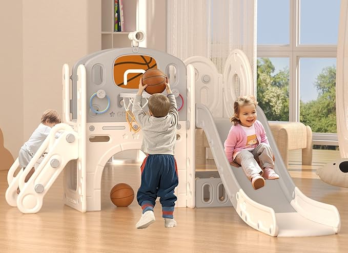 YUFU 9 in 1 Toddler Slide Set, Kids Slide for Toddlers Age 1-3, Toddler Playset with Basketball Hoop and Ball, Outdoor Indoor Playground for Toddlers 1-3 (Beige+Gray)