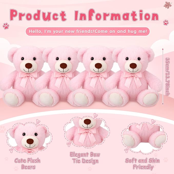 Civaner 4 Pack 14 Inches Teddy Bears Plush Stuffed Animals Valentine Cute Soft Bears Gifts Bulk for Women BFF Girlfriend(Pink)