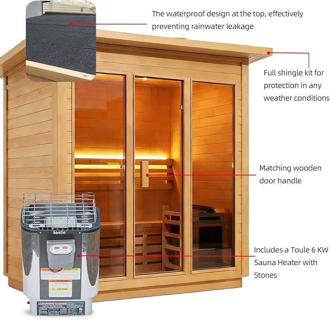 Outdoor Steam Sauna for 3 Person, Canadian Hemlock Sauna Room with 6KW ETL Toule Heater, Traditional Backyard Sauna Spa with Asphalt Shingles, Luxury Sauna Accessories for Home & Garden