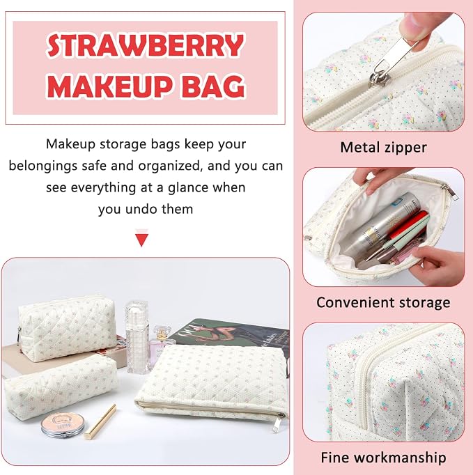 3 Pcs Makeup Bag Cosmetic Bag Set for Girls Women Checkered Travel Organizer Bathroom Toiletry Pouch Large Capacity Storage Bag(Small Flower Blue)