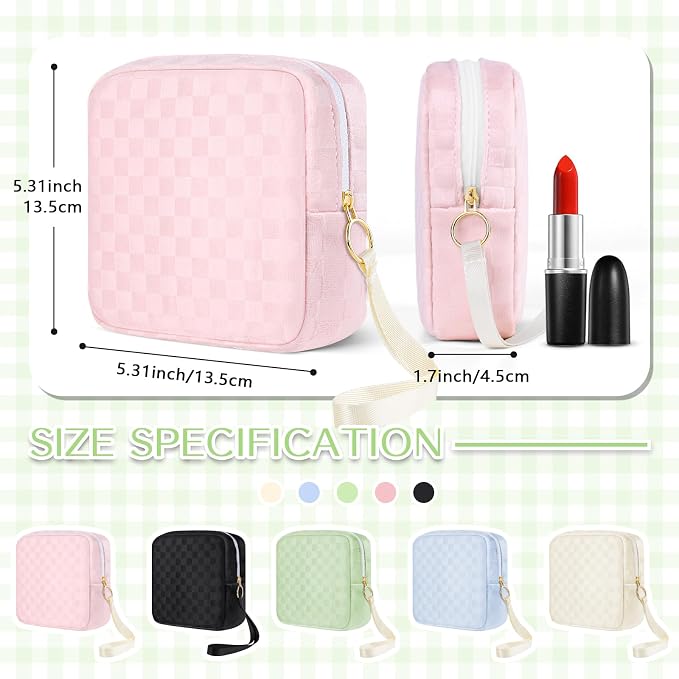 Likesing Tampon Holder for Purse, Upgraded 5.3" Checkered Period Bag, Sanitary Napkin Storage Bag with Wrist Strap for Girls Women, Thickened Portable Period Pad Pouch(Pink)