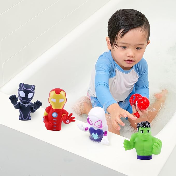 Marvel Spidey & Friends - Plus Avengers - 5 Piece Bath Squirter Bucket Set -Bath Toys for Baby and Toddlers - Includes Organizer Bucket - Store Bath Time Water Toy
