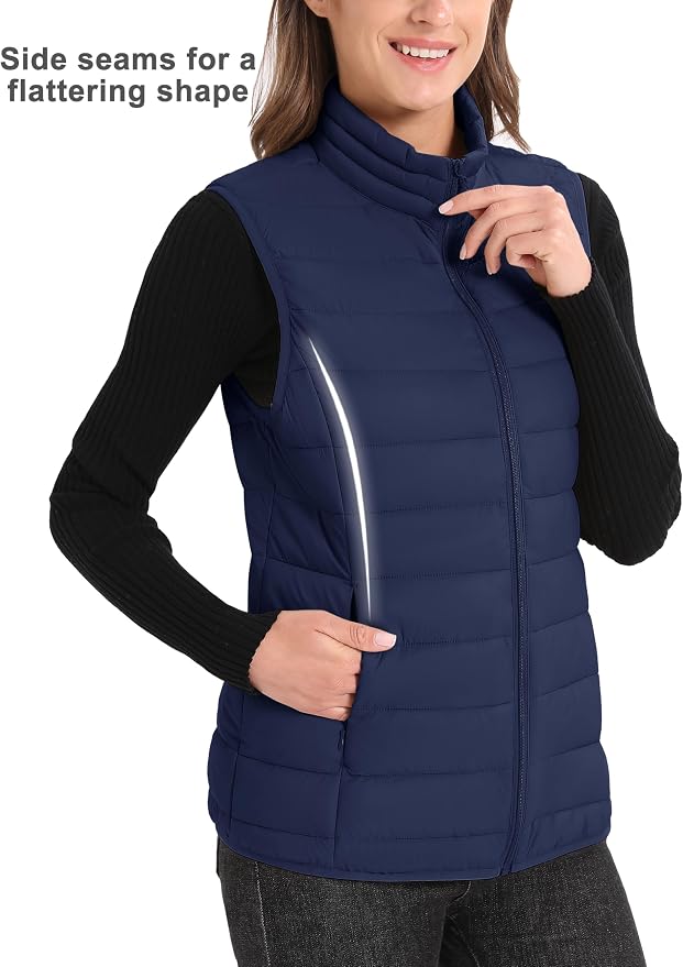 MAGCOMSEN Women's Puffer Vest Lightweight Stand Collar Zip 4 Pockets Puffy Vests Sleeveless Quilted Padded Outerwear