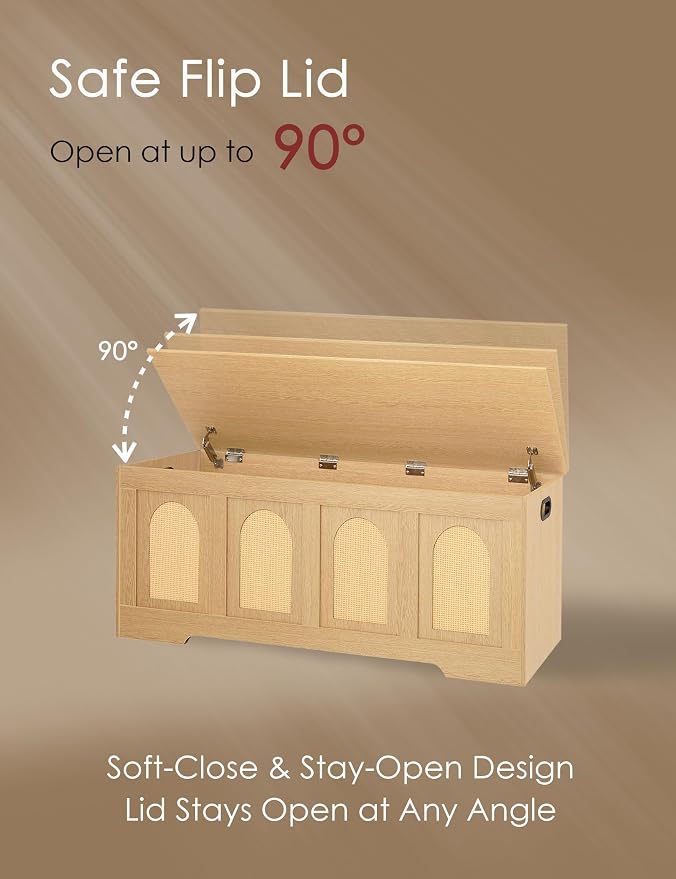 Storage Chest, Wooden Toy Box, Natural Oak 47.2" L | Entryway Shoe Bench, 2 Safety Hinges, Finger-safe Flip-Top, Easy Assembly, Farmhouse Large Trunk, Rattan, Living Room/Bedroom