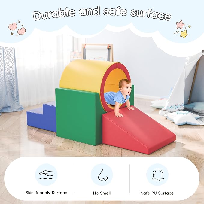 TOLEAD Tunnel/Ramps Foam Climber, Climb & Crawl Foam Activity Play Set for Toddlers and Kids, Safe Indoor Crawling Gym Equipment for,Infant,Baby Waterproof Easy to Clean