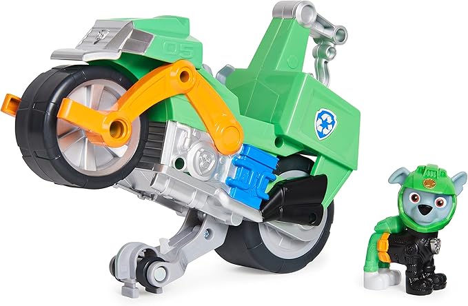 Paw Patrol, Moto Pups Rocky’s Deluxe Pull Back Motorcycle Vehicle with Wheelie Feature and Toy Figure