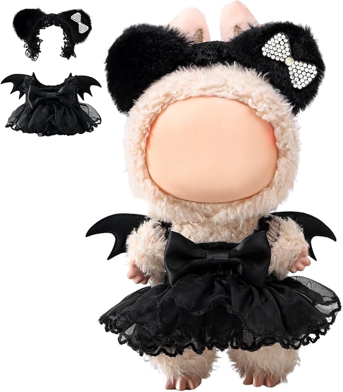 Clothes for labbuu Dolls - Cute Outfit for 6 3/4 Inch (17cm) labbuu Accessories, 2-Piece Doll Clothes Black (Doll Not Included) - Perfect for Collectors and Dress-Up (Halloween Bat Dress Set B)