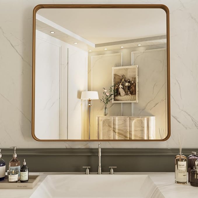 LOAAO 36X36 Inch Bathroom Mirror with Wood Grain Colored Metal Frame | Rounded Rectangle, Anti-Rust, Hangs Horizontally or Vertically, Tempered Glass