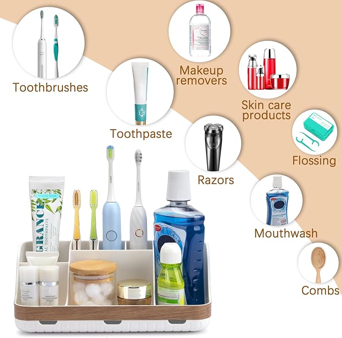 GFWARE Bathroom Countertop Organizer - Detachable 7 Slots Kids Electric Toothbrush and Toothpaste Holde Drainage for Bathroom Accessories Organization Counter Vanity Storage, Woodgrain