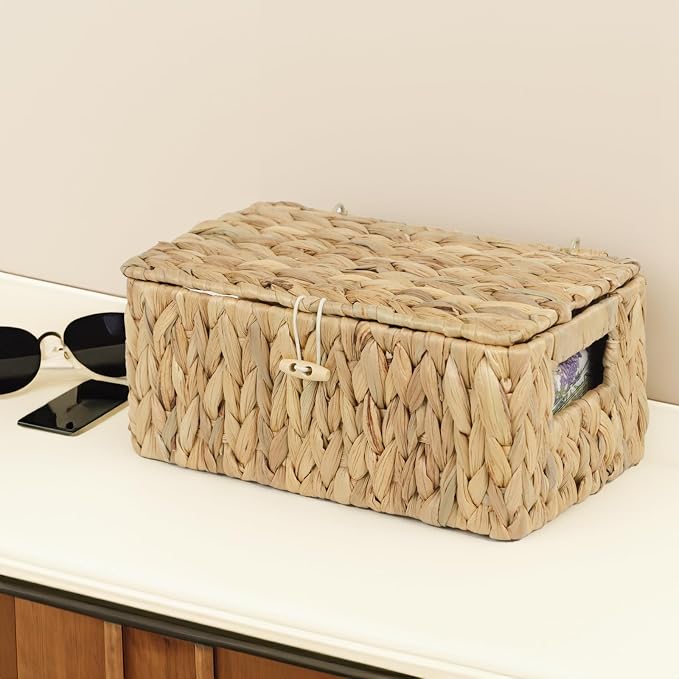 ORDELITE Water Hyacinth Wicker Storage Basket with Lid, Small | Decorative Box, Built-In Handles, Baskets for Organizing, Shelf Organizer Bin, Rectangular Woven Design, 10.2 x 6.3 x 3.9
