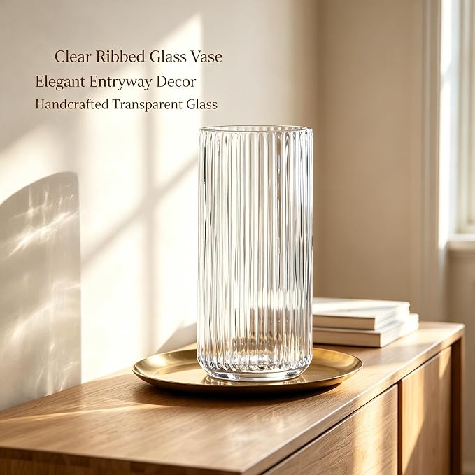 Clear Glass Flower Vase for Pampas Grass, 10 inch Medium Decorative Centerpiece Ribbed Vase for Dining Table, Office Desktop, Shelf Bookshelf, Mantel, Entryway, Bathroom, Countertop, Farmhouse, Gift