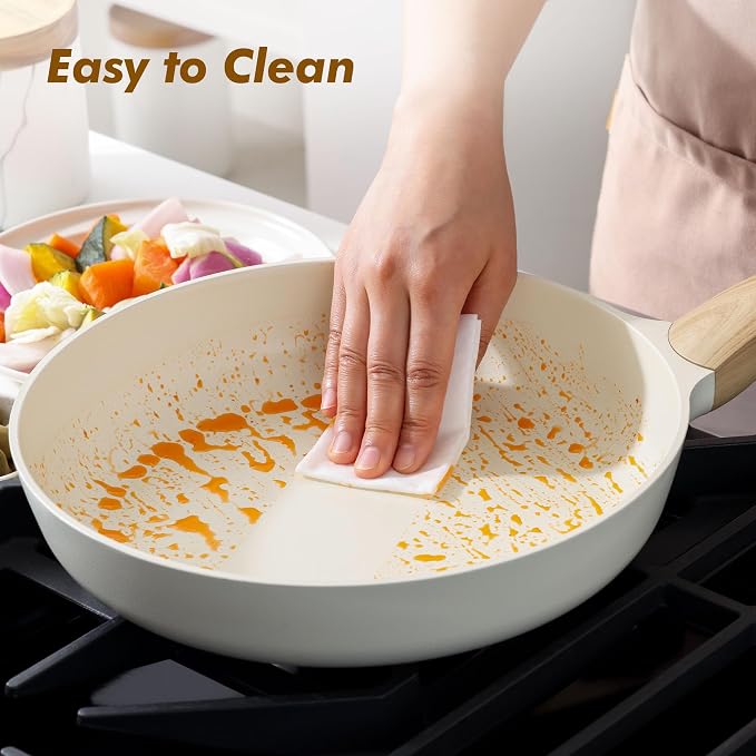 SENSARTE 8inch Ceramic Nonstick Frying Pan Skillet with Lid, White | Non Stick Omelet Pans, Non-toxic Healthy Kitchen Cooking Chefs Pan, PFOA/PFAS/PTFE Free, Induction Compatible