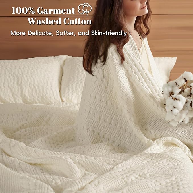 PHF 100% Cotton Waffle Weave Blanket King Size, Lightweight Breathable Summer Blanket for Hot Sleepers, Pre-Washed Soft Layer for Bed, Couch, Home Decor Gift, 108"x90", Cannoli Cream