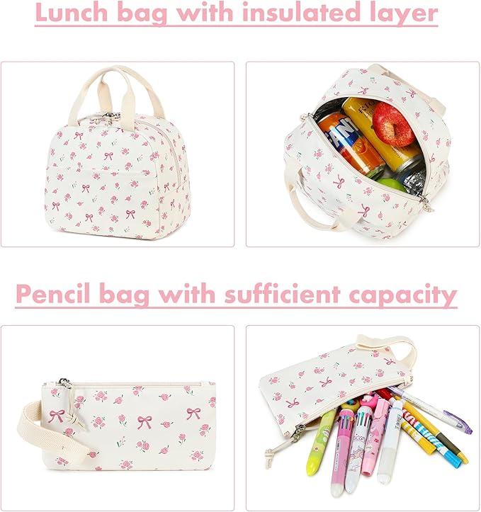 Bluboon Teen Girls School Backpack Kids Bookbag Set with Lunch Box Pencil Case Travel Laptop Backpack Casual Daypacks (Beige bow tie)