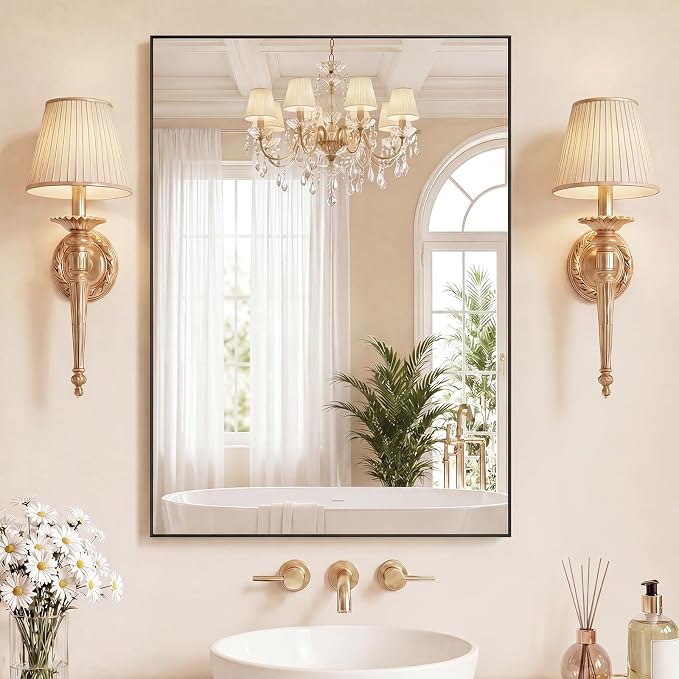 Sweetcrispy Bathroom Mirrors for Over Sink, 30" x 36" Rectangle Wall Mount Mirror with Metal Frame, Modern Vanity Mirror with Tempered Glass, for Home Decor, Anti-Rust, Black