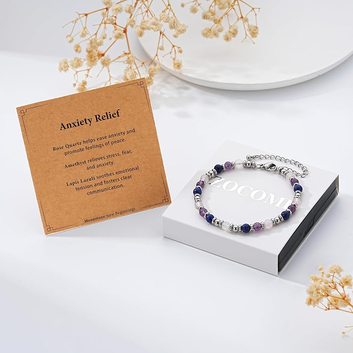 Zocomi Natural Healing Crystal Bracelet for Women, Anxiety Relief Triple Protection 7 Chakras Jewelry Gift for Friends Daughter Mom 6.5+2 Inches