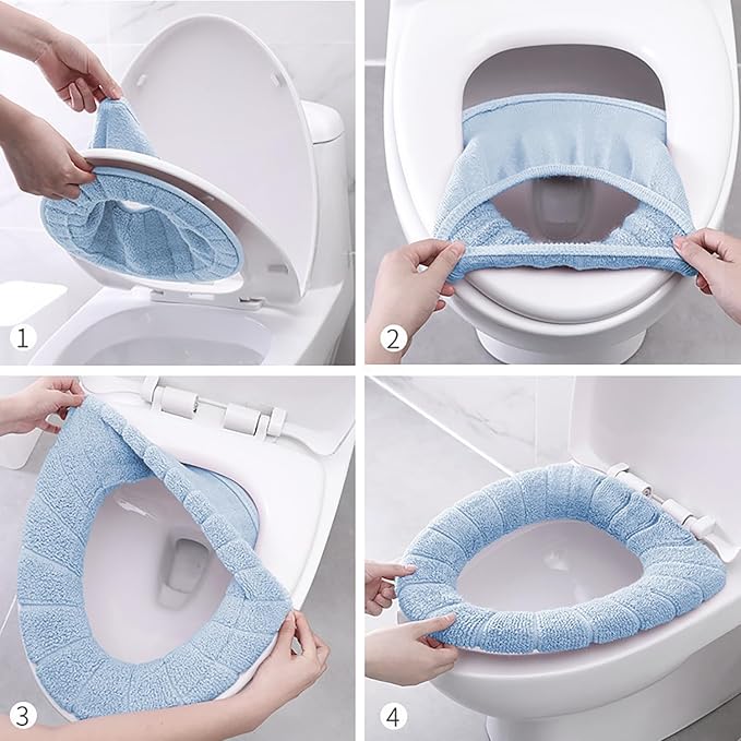 2 PCS Soft Thicker Plush Bathroom Toilet Seat Cover Pads Stretchable Washable Cloth Design for Universal Fit O/U/V/Rectangular Toilets (Blue)